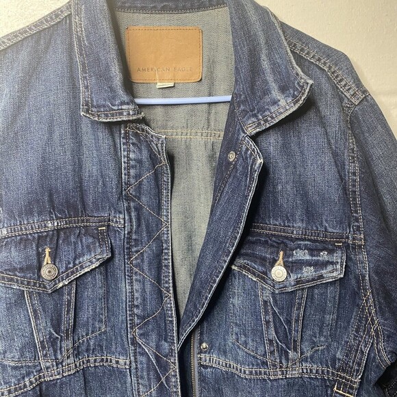 American Eagle Jean Jacket Button Zip Up Women Blue Pockets SZ Small Oversized - Picture 5 of 12